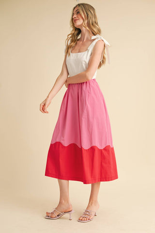 SCALLOPED COLOR BLOCK MIDI DRESS-Dresses-&MERCI-Summit Lane Boutique, Women's Apparel and Gifts located in Grand Rapids, MI