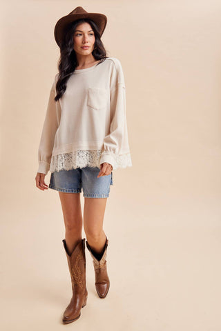 The Hallie Lace Trim Top-Long Sleeves-In Loom-Summit Lane Boutique, Women's Apparel and Gifts located in Grand Rapids, MI