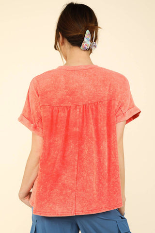 Split Neck Washed Knit Top-Short Sleeves-VERY J-Summit Lane Boutique, Women's Apparel and Gifts located in Grand Rapids, MI