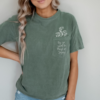 Tis So Sweet to Trust in Jesus Pocket T Shirt-Graphic Tees-Faith & Life Christian Brands-Summit Lane Boutique, Women's Apparel and Gifts located in Grand Rapids, MI
