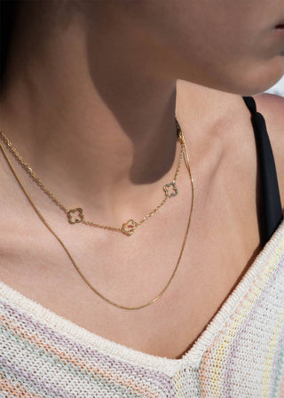 18K Gold PVD Stainless Steel Layered Clover Charm Necklace-WJW-Summit Lane Boutique, Women's Apparel and Gifts located in Grand Rapids, MI