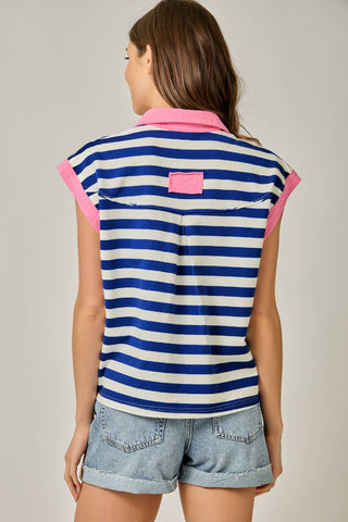 Portside Stripe Polo Tee-Short Sleeves-Mystree-Summit Lane Boutique, Women's Apparel and Gifts located in Grand Rapids, MI