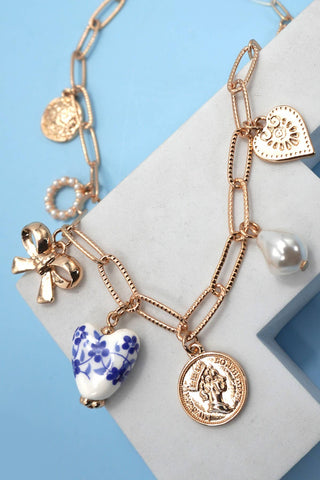 CERAMIC PORCELAIN BOW HEART CHARM LINK NECKLACE-Necklaces-JOSSLYN by wall to wall-Summit Lane Boutique, Women's Apparel and Gifts located in Grand Rapids, MI