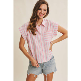 Millie Stripe Button Down-Short Sleeves-in february-Summit Lane Boutique, Women's Apparel and Gifts located in Grand Rapids, MI