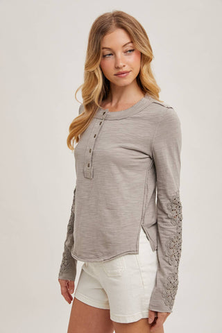 CROCHET PATCH SLEEVED HALF BUTTON ROUND NECK TOP-Long Sleeves-Bluivy-Summit Lane Boutique, Women's Apparel and Gifts located in Grand Rapids, MI