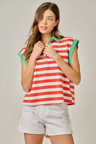 Portside Stripe Polo Tee-Short Sleeves-Mystree-Summit Lane Boutique, Women's Apparel and Gifts located in Grand Rapids, MI