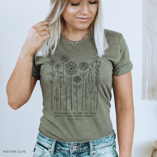 Give Thanks to the Lord for He is Good Flowers T-Shirt-Graphic Tees-Faith & Life Christian Brands-Summit Lane Boutique, Women's Apparel and Gifts located in Grand Rapids, MI