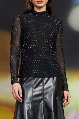 Zara Embellished Mesh Mock Neck Top-Long Sleeves-SKIES ARE BLUE-Summit Lane Boutique, Women's Apparel and Gifts located in Grand Rapids, MI