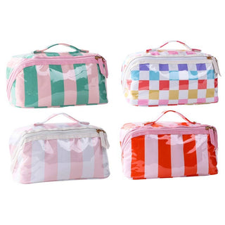 CHECKER STRIPED OPEN FLAT COSMETIC MAKEUP POUCH-Cosmetic Bags-JOSSLYN by wall to wall-Summit Lane Boutique, Women's Apparel and Gifts located in Grand Rapids, MI