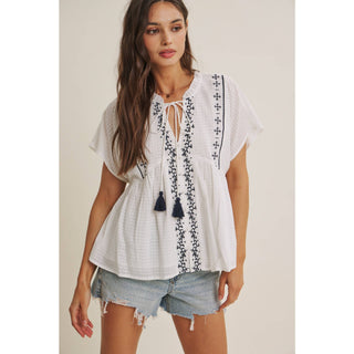 Island Morning Embroidered Top-Short Sleeves-in february-Summit Lane Boutique, Women's Apparel and Gifts located in Grand Rapids, MI