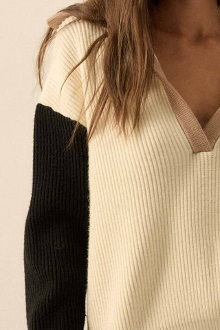 Colorblock Ribbed Knit Flap-Collar V-Neck Sweater-Sweaters-Promesa USA-Summit Lane Boutique, Women's Apparel and Gifts located in Grand Rapids, MI