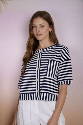Ryann Stripe Button-up Knit Top-Short Sleeves-Blu Pepper-Summit Lane Boutique, Women's Apparel and Gifts located in Grand Rapids, MI