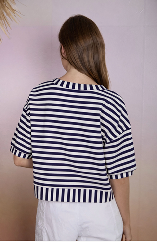 Ryann Stripe Button-up Knit Top-Short Sleeves-Blu Pepper-Summit Lane Boutique, Women's Apparel and Gifts located in Grand Rapids, MI