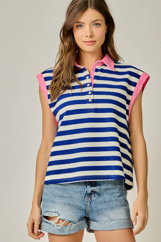 Portside Stripe Polo Tee-Short Sleeves-Mystree-Summit Lane Boutique, Women's Apparel and Gifts located in Grand Rapids, MI