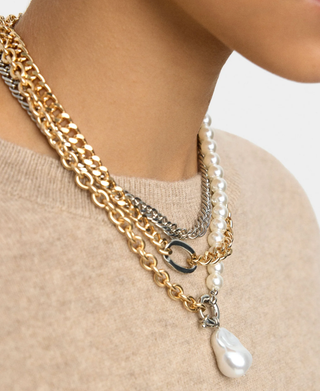 Triple Stack- Necklaces 3 Chains stacked PVD Carabiner Pearl-Necklaces-HoopLa-Summit Lane Boutique, Women's Apparel and Gifts located in Grand Rapids, MI