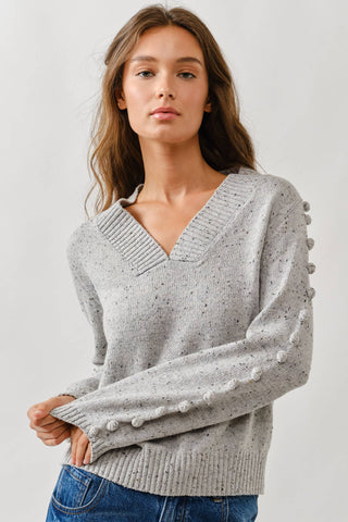 POMPOM LONG SLEEVES V NECK SWEATER-Sweaters-Aaron & Amber-Summit Lane Boutique, Women's Apparel and Gifts located in Grand Rapids, MI