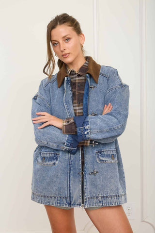 The Hudson Cord Collar Denim Jacket-Jacket-J.O.A-Summit Lane Boutique, Women's Apparel and Gifts located in Grand Rapids, MI