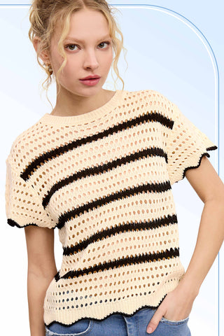Lindsay Scalloped Edge Short Sleeve Sweater-Short Sleeves-La Miel-Summit Lane Boutique, Women's Apparel and Gifts located in Grand Rapids, MI
