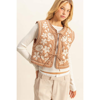 Floral Embroidered Quilted Vest with Tie Front-Vest-HYFVE-Summit Lane Boutique, Women's Apparel and Gifts located in Grand Rapids, MI