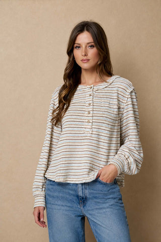 Robin Striped Henley Top-Long Sleeves-Blu Pepper-Summit Lane Boutique, Women's Apparel and Gifts located in Grand Rapids, MI