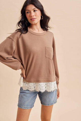 The Hallie Lace Trim Top-Long Sleeves-In Loom-Summit Lane Boutique, Women's Apparel and Gifts located in Grand Rapids, MI