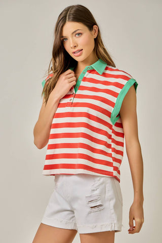 Portside Stripe Polo Tee-Short Sleeves-Mystree-Summit Lane Boutique, Women's Apparel and Gifts located in Grand Rapids, MI