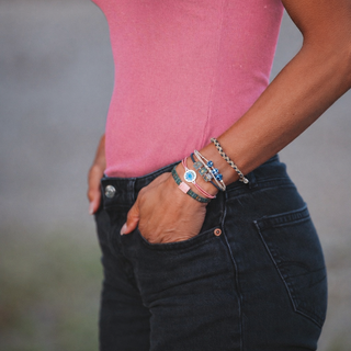"Mahjong" Themed in Pink, Green & Blue with Lotus & Tile Accent Hair Tie Bracelets-Bracelets-K'lani hair tie bracelets-Summit Lane Boutique, Women's Apparel and Gifts located in Grand Rapids, MI