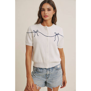 FRENCH MORNING BOW EMBROIDERED BUTTON-DOWN COTTON CARDIGAN-Cardigans-in february-Summit Lane Boutique, Women's Apparel and Gifts located in Grand Rapids, MI