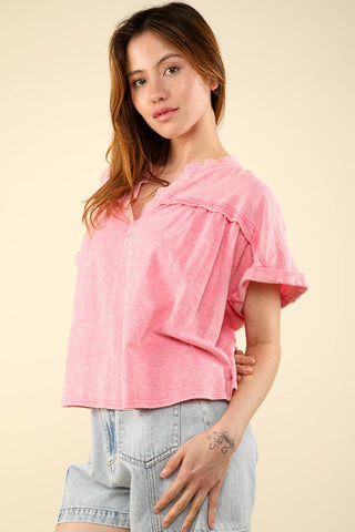 Split Neck Washed Knit Top-Short Sleeves-VERY J-Summit Lane Boutique, Women's Apparel and Gifts located in Grand Rapids, MI