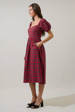 Arvada Plaid Alessi Puff Sleeve Midi Dress-Dresses-Sugarlips-Summit Lane Boutique, Women's Apparel and Gifts located in Grand Rapids, MI