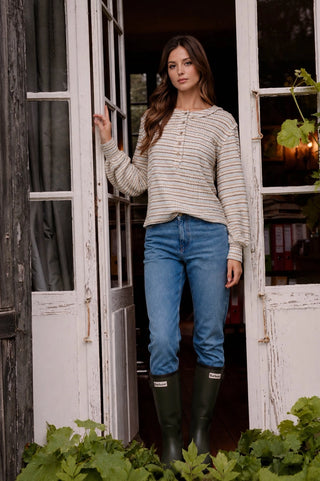 Robin Striped Henley Top-Long Sleeves-Blu Pepper-Summit Lane Boutique, Women's Apparel and Gifts located in Grand Rapids, MI
