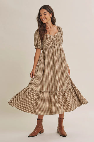 Maple Field Ruched Babydoll Plaid Smocked Midi-Dresses-in february-Summit Lane Boutique, Women's Apparel and Gifts located in Grand Rapids, MI