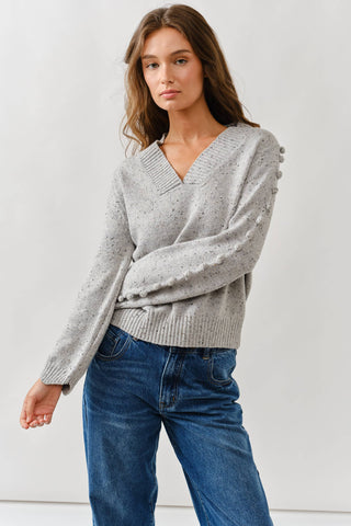 POMPOM LONG SLEEVES V NECK SWEATER-Sweaters-Aaron & Amber-Summit Lane Boutique, Women's Apparel and Gifts located in Grand Rapids, MI
