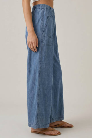 CHAMBRAY ELASTIC WAIST WIDE LEG CULOTES PANTS - 8952P-Pants-Doe and Rae-Summit Lane Boutique, Women's Apparel and Gifts located in Grand Rapids, MI
