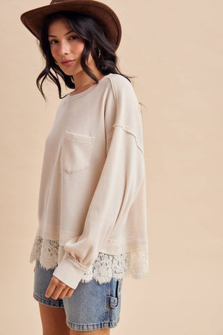 The Hallie Lace Trim Top-Long Sleeves-In Loom-Summit Lane Boutique, Women's Apparel and Gifts located in Grand Rapids, MI