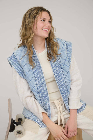 WASHED DENIM QUILTED SHAWL VEST-Vest-Blu Pepper-Summit Lane Boutique, Women's Apparel and Gifts located in Grand Rapids, MI
