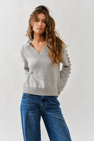 POMPOM LONG SLEEVES V NECK SWEATER-Sweaters-Aaron & Amber-Summit Lane Boutique, Women's Apparel and Gifts located in Grand Rapids, MI