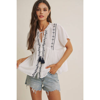Island Morning Embroidered Top-Short Sleeves-in february-Summit Lane Boutique, Women's Apparel and Gifts located in Grand Rapids, MI