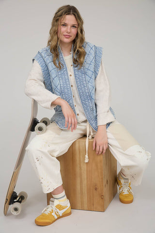 WASHED DENIM QUILTED SHAWL VEST-Vest-Blu Pepper-Summit Lane Boutique, Women's Apparel and Gifts located in Grand Rapids, MI