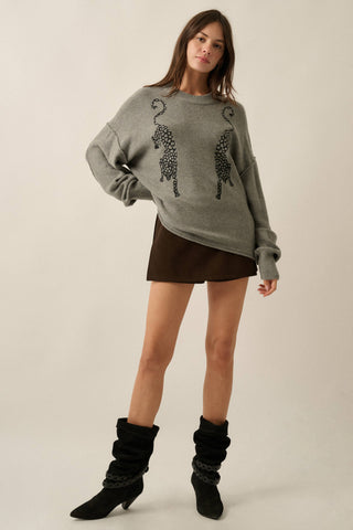 Embroidered Leopards Solid Knit Exposed-Seam Sweater-Sweater-Promesa USA-Summit Lane Boutique, Women's Apparel and Gifts located in Grand Rapids, MI