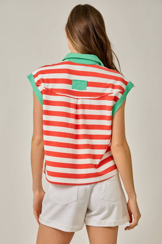 Portside Stripe Polo Tee-Short Sleeves-Mystree-Summit Lane Boutique, Women's Apparel and Gifts located in Grand Rapids, MI