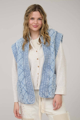 WASHED DENIM QUILTED SHAWL VEST-Vest-Blu Pepper-Summit Lane Boutique, Women's Apparel and Gifts located in Grand Rapids, MI