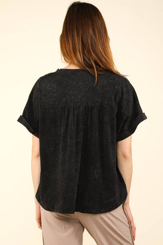 Split Neck Washed Knit Top-Short Sleeves-VERY J-Summit Lane Boutique, Women's Apparel and Gifts located in Grand Rapids, MI