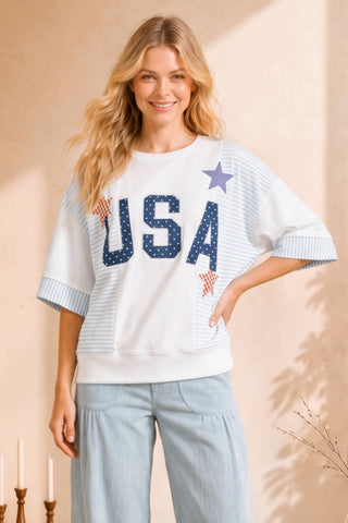 USA Star Patchwork Oversized S/S Sweatshirt-Short Sleeves-Main Strip-Summit Lane Boutique, Women's Apparel and Gifts located in Grand Rapids, MI