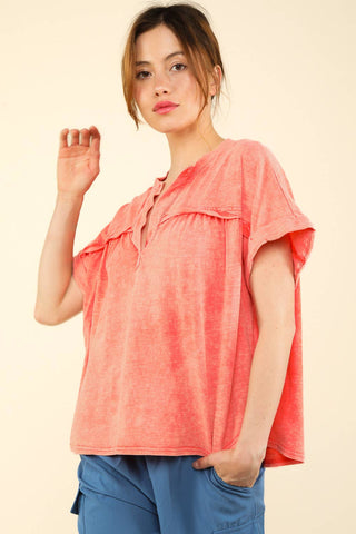 Split Neck Washed Knit Top-Short Sleeves-VERY J-Summit Lane Boutique, Women's Apparel and Gifts located in Grand Rapids, MI