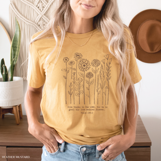 Give Thanks to the Lord for He is Good Flowers T-Shirt-Graphic Tees-Faith & Life Christian Brands-Summit Lane Boutique, Women's Apparel and Gifts located in Grand Rapids, MI