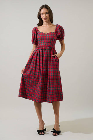 Arvada Plaid Alessi Puff Sleeve Midi Dress-Dresses-Sugarlips-Summit Lane Boutique, Women's Apparel and Gifts located in Grand Rapids, MI