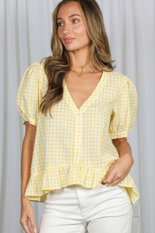 Gingham Short Puff Sleeves V-Neck Blouse Top VT83085-Vine & Love-Summit Lane Boutique, Women's Apparel and Gifts located in Grand Rapids, MI