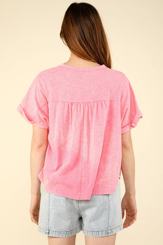 Split Neck Washed Knit Top-Short Sleeves-VERY J-Summit Lane Boutique, Women's Apparel and Gifts located in Grand Rapids, MI