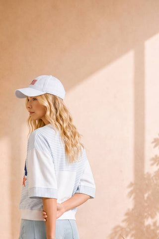 USA Star Patchwork Oversized S/S Sweatshirt-Short Sleeves-Main Strip-Summit Lane Boutique, Women's Apparel and Gifts located in Grand Rapids, MI